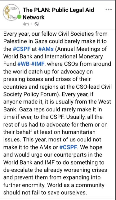 PlanBurma's tweet photo. #AM2023 @WorldBank-@IMFNews #CSPF Urge counterparts in the World Bank and IMF to do something to de-escalate the already worsening crises in #Palestine #Gaza and prevent the situation from expanding into further enormity. World as a community should not fail to save ourselves. https://t.co/r26FCj8xzm
