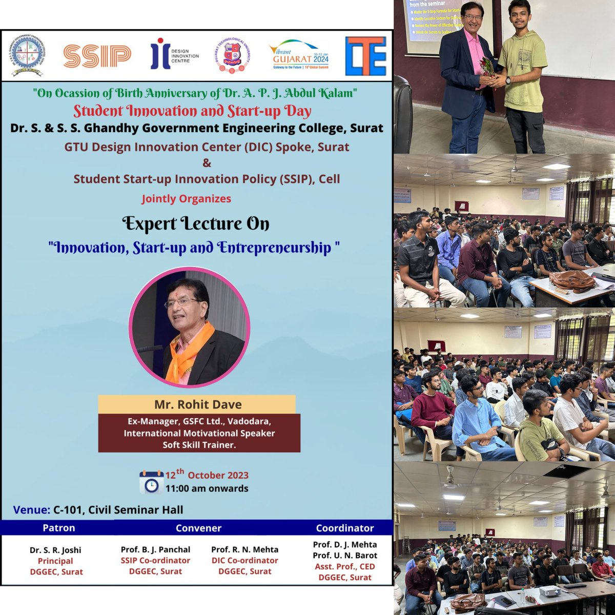 dggecs's tweet photo. On Occasion of Student Start-up and Innovation Day (Birth Anniversary of Dr. A P J Abdul Kalam) SSIP Cell &amp; DIC Spoke of Dr. S &amp; S S Ghandhy Government Engineering College Surat have organized lecture series. https://t.co/5PEZiV2Fpv