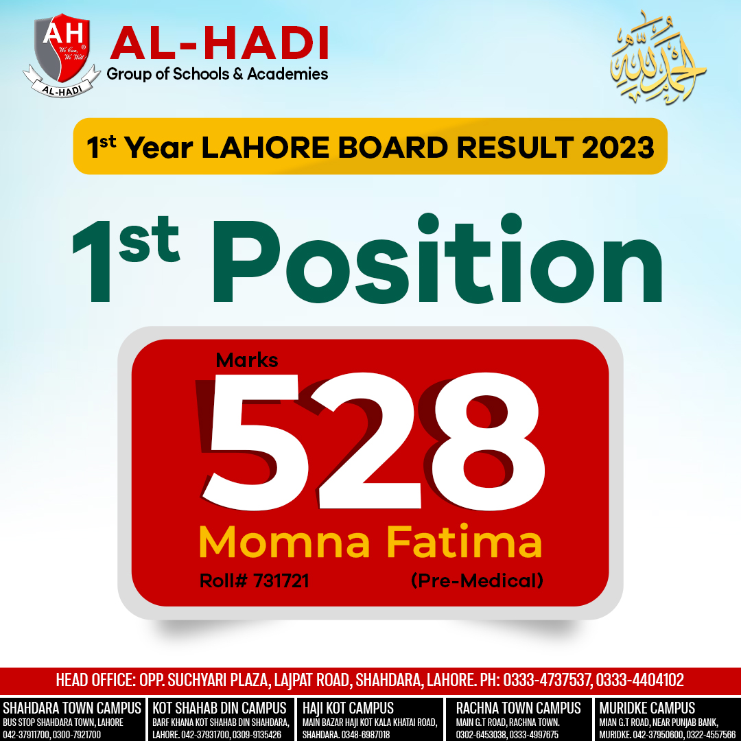 alhadiheadofice's tweet image. ALHAMDULILLAH (High Achiever)
1st Year Lahore Board Result 2023
Momina Fatima secured 528 marks in Pre-Medical group.
Al-Hadi group of schools &amp;amp; academies
instagram.com/alhadiheadoffi…

facebook.com/alhadiheadoffi…
#alhadi #fsc #fscresult2023 #lahoreboardresult2023