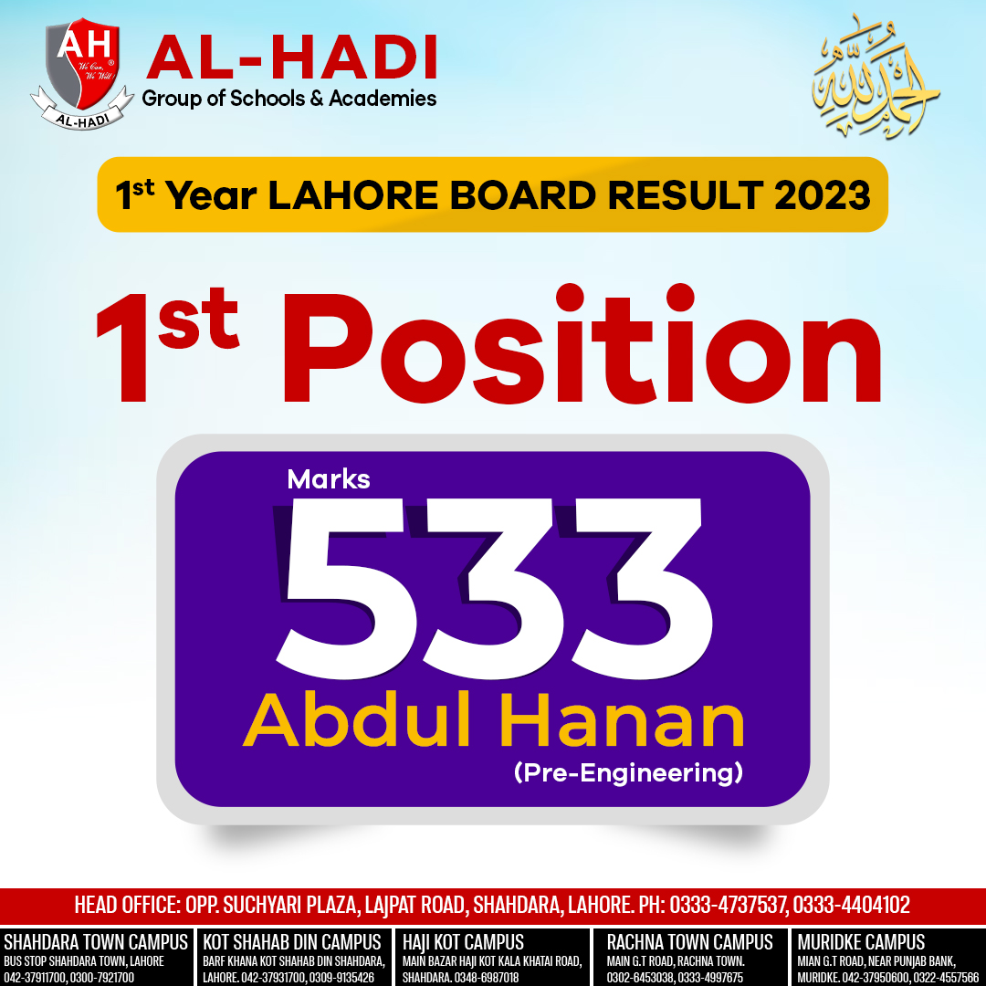 alhadiheadofice's tweet image. ALHAMDULILLAH (High Achiever)
1st Year Lahore Board Result 2023
Abdul Hanan secured 533 marks in Pre-Engineering group.
Al-Hadi group of schools &amp;amp; academies
instagram.com/alhadiheadoffi…

facebook.com/alhadiheadoffi…
#alhadi #fsc #fscresult2023 #lahoreboardresult2023