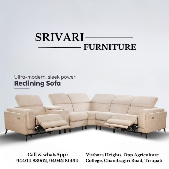 NewSrivariTpt's tweet photo. Recliner Sofa , World Class Furniture available in Huge Varieties with more Discounts in #Srivari_Furniture_Tirupati , Biggest AC Furniture showroom in #Tirupati city , Call & WhatsApp : 94942 81494 / 94404 83962
#discountsale #sofaset #recliners #bed
#Dinningtable #mattress https://t.co/Ei6riqY1NY