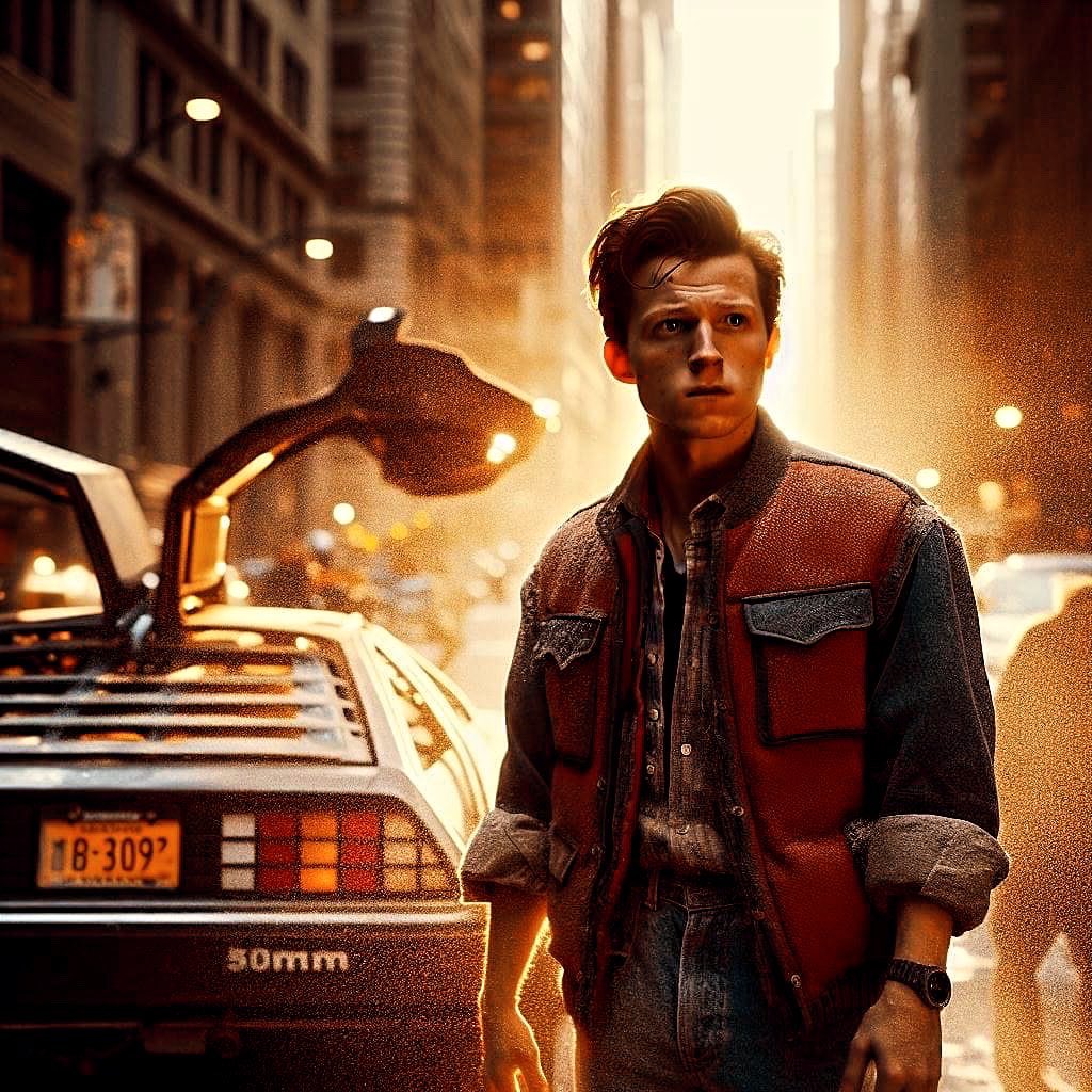 Just… imagine! #backtothefuture #martymcfly #docbrown #robertdowneyjr #tomholland #midjourney #retrosynthwave