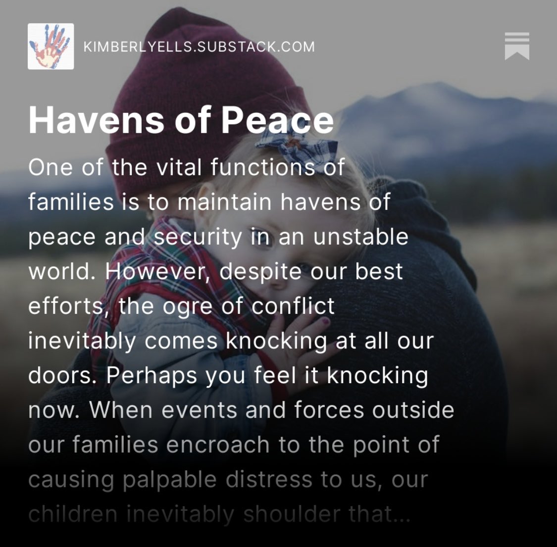 In times of conflict we should resist the urge to transfer the elevated pulse of the world to our children. We should reassure them, not alarm them. My latest on Substack: kimberlyells.substack.com/p/havens-of-pe…