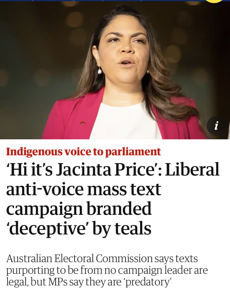 AmeliaBee7's tweet photo. The deceptive  mass text campaign by the No camp sets a very dangerous precedent.If this form of misleading information is not technically in breach of AEC regulations then, in light of the current AUS political climate,maybe these regulations could do with a comprehensive review https://t.co/elIf7Apn5R