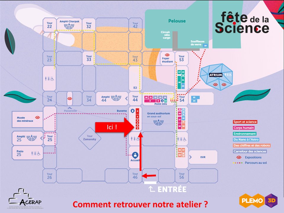 Acerap_assoc's tweet photo. 🧭Chasse aux trésors 🧭
Comment rejoindre notre atelier bac à fouilles dans le village des Sciences ce week-end ?
🔎Suivez l'itinéraire indiqué sur la carte !
#FDS2023 #archéologie https://t.co/weGrLVtQDi