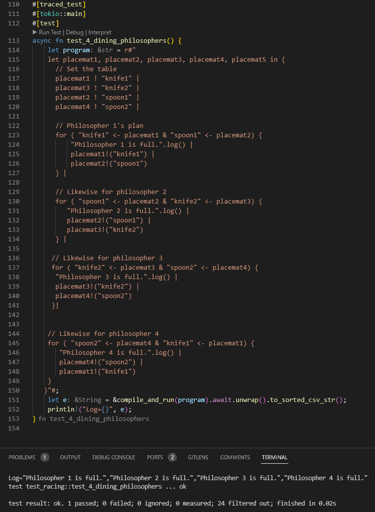 alux_network's tweet photo. We just solved the Dining Philosophers Problem and ran code tests. #ALUX 

Log="Philosopher 1 is full.","Philosopher 2 is full.","Philosopher 3 is full.","Philosopher 4 is full." https://t.co/WKAm1N3OOD