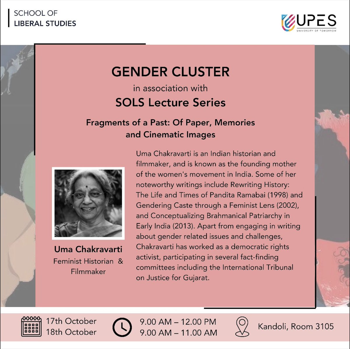 himmijha's tweet photo. Excited to host erudite Uma Chakravarti in the #SoLSlectureseries @SOLS_UPES @UPESDehradun @FeministHistory @FeministPress and learn from what promises to be a #MASTERCLASS on India’s feminist & Gender History https://t.co/6WWeAJKFSk
