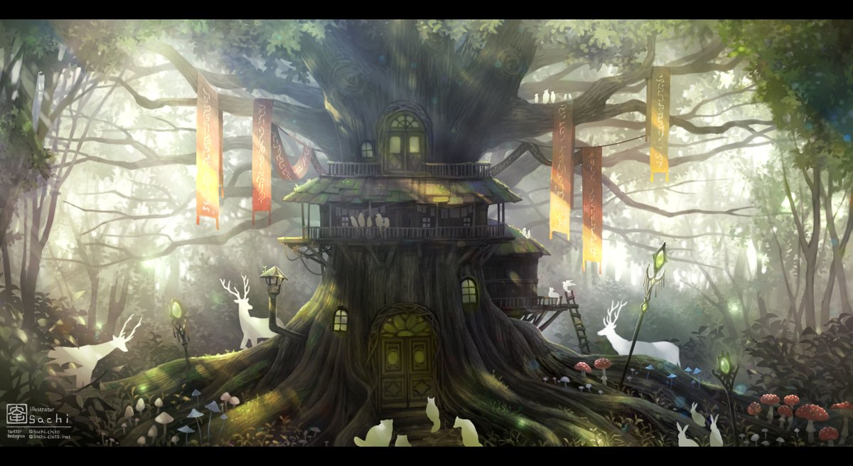 mushroom tree scenery forest nature letterboxed fantasy  illustration images