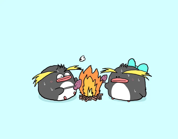 仲良く焼き芋するイワトビペンギン