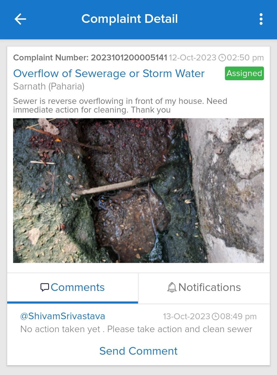 sfdcShivam's tweet photo. @nagarnigamvns sewer is overflowing reverse in front of my house.

I have even complain about it on 12th oct 2023, but no action taken yet. Requesting you to please take action.  

There is always a risk of dengue. https://t.co/kb08pL19mw