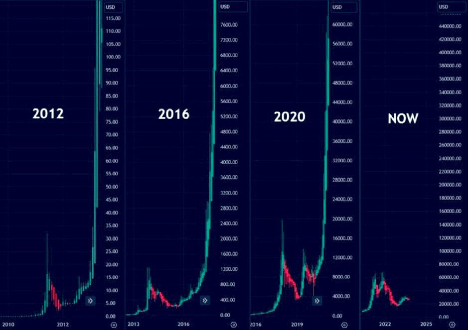 Cuando ves el histórico de cada halving automáticamente sabes que vender ahora es una demencia y dejar de comprar aún más. 

2024-2025 será el año donde los pocos que entraron serán felices y muchos estarán arrepentidos por no entrar 🚀 

#bitcoin