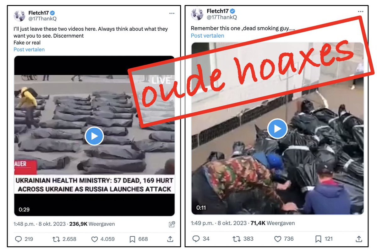 In de context van Hamas/Israël worden ook hoaxes uit de coronaperiode en de Oekraïeneoorlog weer van stal gehaald op X. Moderatie en Community Notes laten het afweten. Factchecks: nieuwscheckers.nl/dit-zijn-geen-… en nieuwscheckers.nl/nee-dit-is-gee…