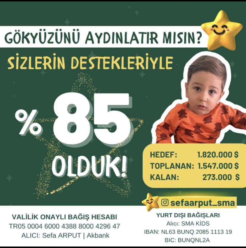 Müjdeee 💚 SAYENİZDE %85 OLDUK! 🥳
Hedefimize ulaşmamızı sağlayan herkese çok teşekkürler. İyi ki varsınız güzel ailemiz. 
Önümüzde daha uzun bir yol var. Bu yolda bizleri yalnız bırakmamanızı ve Sefa’nın elinden hep tutmanızı rica ediyoruz. #gazza #Gaza #Hamas #Gazze #DilanPolat