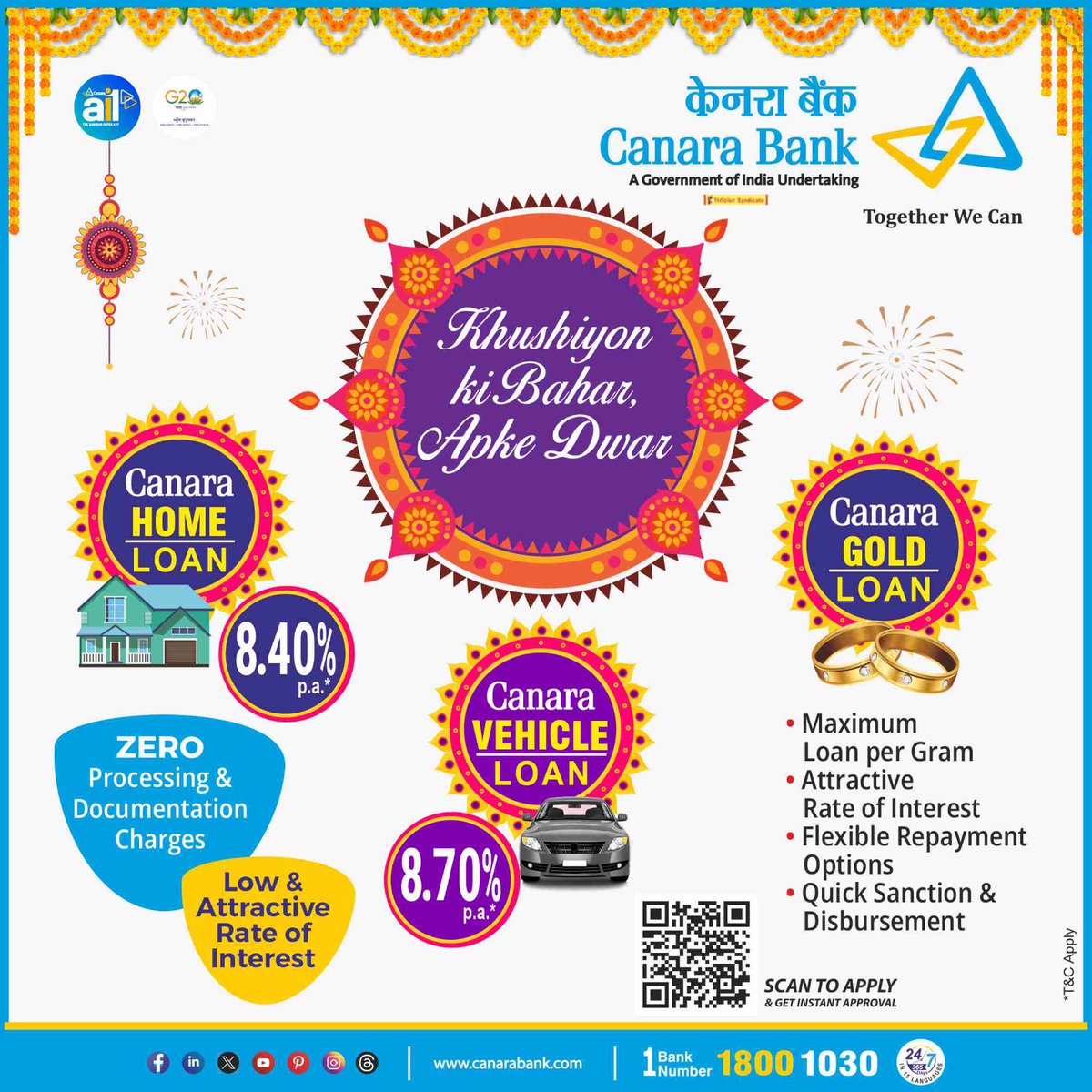 canarabank's tweet photo. Celebrate the festive season with lower interest rates! Canara Bank brings you irresistible deals on Home Loans and Car Loans with zero processing and documentation charges. Apply now:  
https://t.co/MPt1N309Ak

#LowerInterest #CanaraBank #HomeLoan #CarLoan #FestiveFinance https://t.co/1ipJJhQEFF