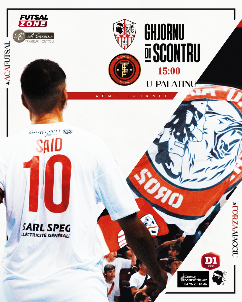 ACAFutsal1910's tweet photo. 𝗚𝗛𝗝𝗢𝗥𝗡𝗨 𝗗𝗜 𝗦𝗖𝗢𝗡𝗧𝗥𝗨 📷
📷 #D1Futsal
📷 J5
📷 Toulon Élite Futsal
📷 U Palatinu
📷 15H00
📷 Futsal Zone
📷 Sur place le jour du match  5€
#ACAjaccio #ForzaAiacciu https://t.co/dt29mNIz5n