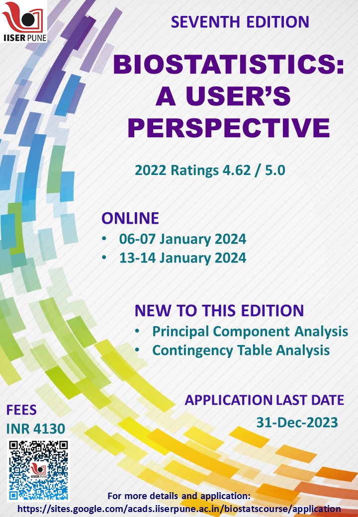 Announcing the 7th Biostatistics: A User's Perspective course. This course is online, intense, and focuses on actually applying statistics to research problems. Please consider spreading the word. For more details / application: sites.google.com/acads.iiserpun…
