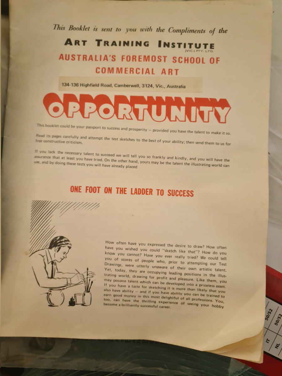 Cleaning some old boxes. Found this. It's a booklet relating to a commercial #art Diploma I started in 1982. Only got halfway before I quit. Stupid me. Just too many other commitments (HSC then university). Doh!!! #Regrets.
#Victoria #ArtTrainingInstitute