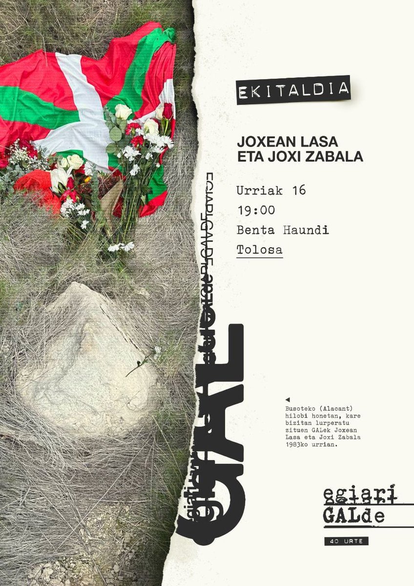 HaimarAltuna's tweet photo. Joxi Zabala eta Joxean Lasa estatu espainiarraren hatzaparrek bahitu,basatiki torturatu, erail eta desagertarazi zituztela 40. urteurtenean...

#Aitortza
Egiari GALde, herri memoria GAL ez dadin.
🌹🌹✊ https://t.co/ewRrMXNO44
