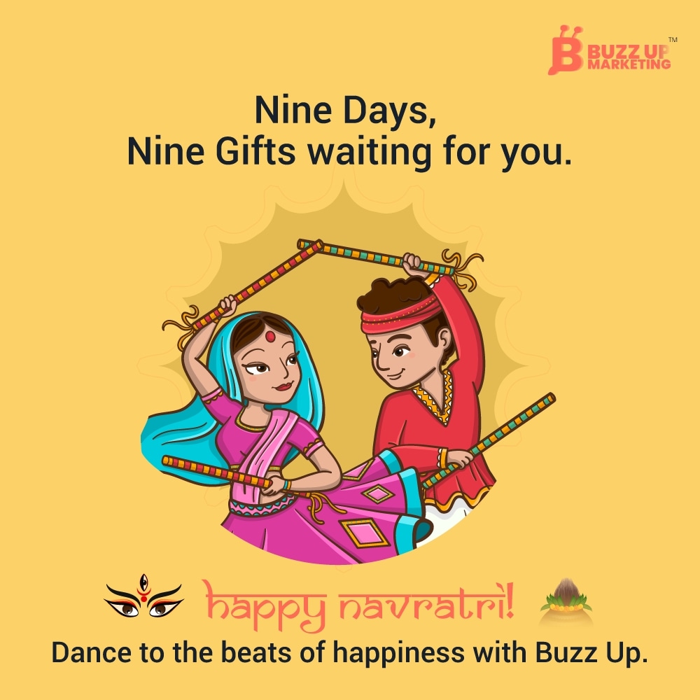 Nine days, nine gifts, and endless happiness await you this Navratri. 🪅 Dance to the beats of joy with Buzz up! Happy Navratri from the Buzzy Team. #navratri #navratrispecial #garba #india #durgapuja #jaimatadi #socialmediamarketing #socialmediamanagement