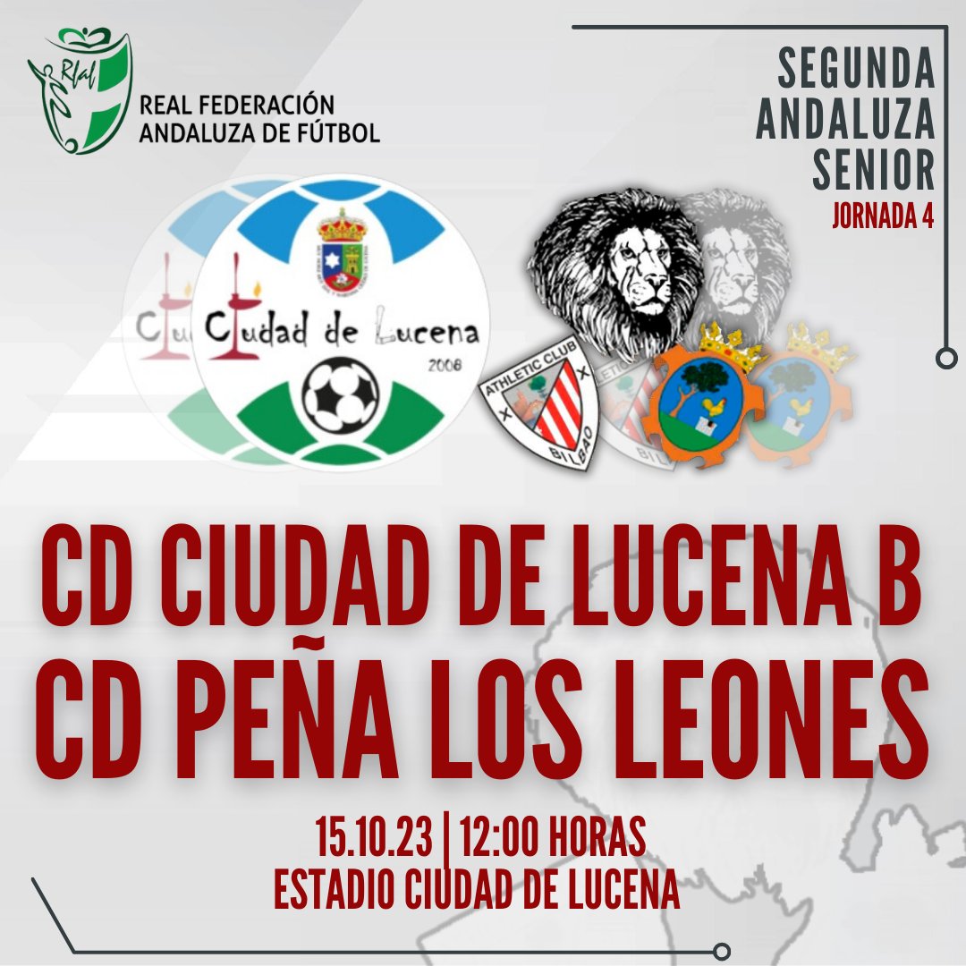 LosleonesPZB's tweet photo. 📌 🆂🅴🅶🆄🅽🅳🅰 🅰🅽🅳🅰🅻🆄🆉🅰
#MATCHDAY
🆚 @ciudaddelucena B
⚽ Jornada 4 | 2ª Andaluza
🗓️ Hoy | 12:00h.
🏟️ Estadio Ciudad de Lucena
#NosVasAVerVolver 💥🔃 https://t.co/zT19t3Lb6V