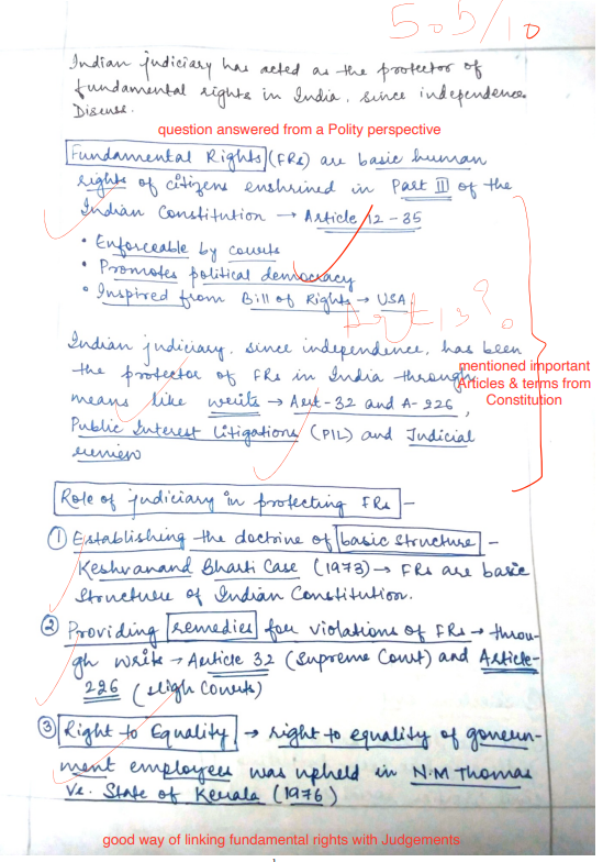 SuperKarthikk's tweet photo. A quality answer that I received for evaluation this week.

Sharing it for you to improve your #UPSC Mains answers👇

- Covers all Polity terms: Articles, Parts, key terms
- Innovative writing by listing court case next to Fundamental Rights
- Good way forward and solution perspective in the end