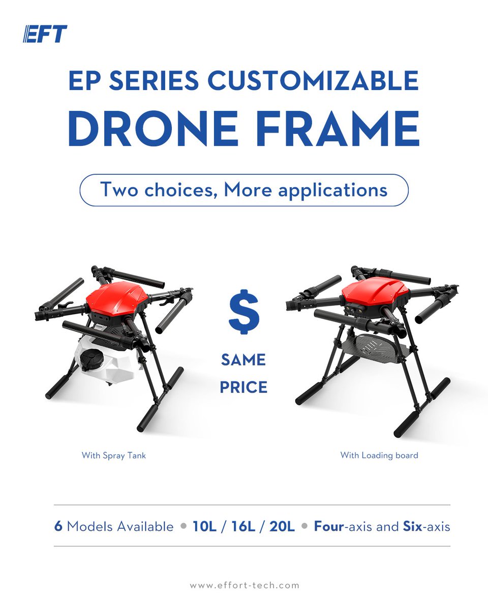 eft_co's tweet image. Classic EP series drone frame with spray tank or loading board, 10L-20L and Six models for your choice.

Different Types for more applications.

Welcome to learn more :  effort-tech.com

#eftdrone #Agridrone #droneframe #droneparts #droneloading #DIYdrone #drones