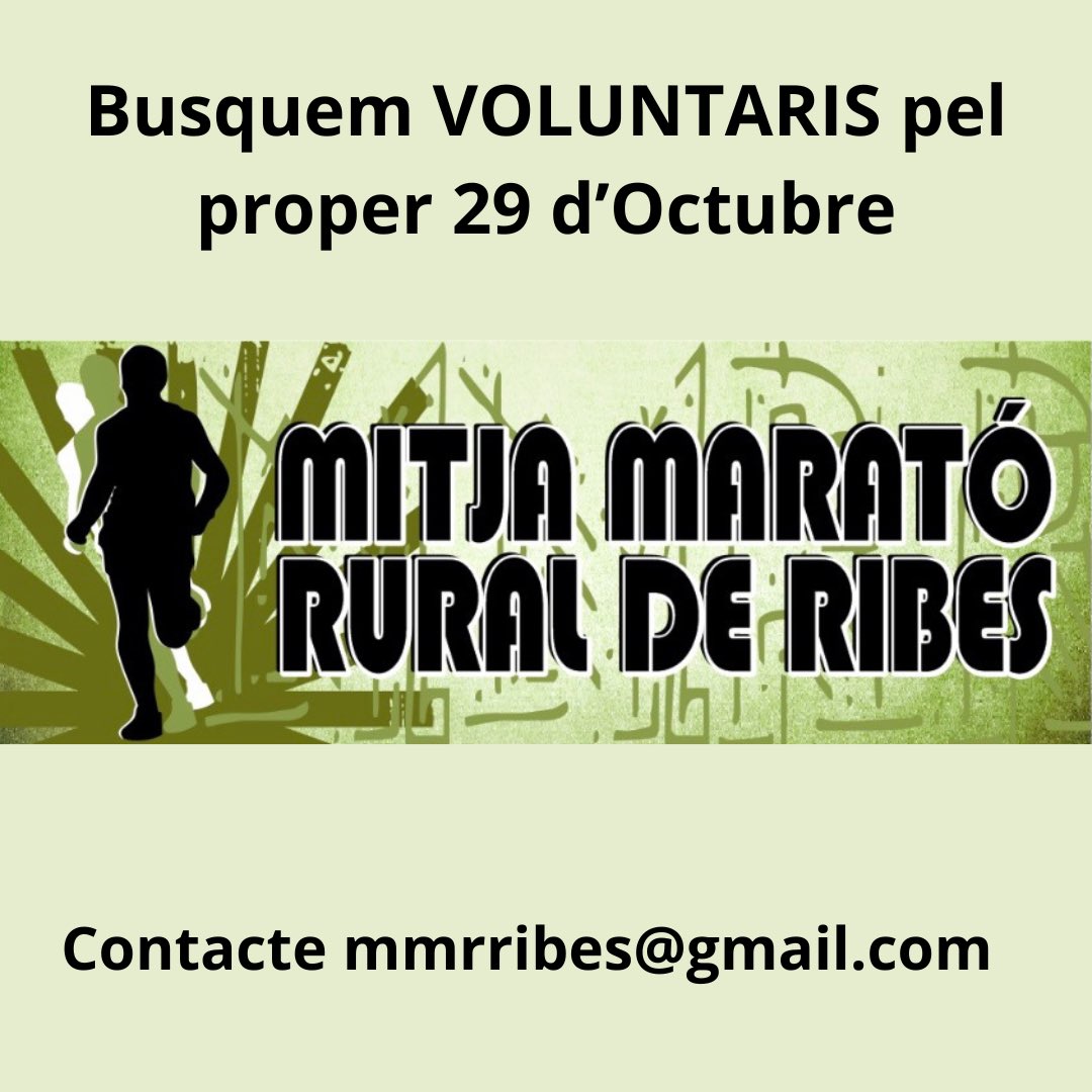 Busquem VOLUNTARIS per la #MMRRibes2023 
T’esperem el proper 29 d’octubre a les 9.00h al <a href="/castellderibes/">Castell de Ribes</a> 
Interessats, enviar mail a mmrribes@gmail.com 
3 Recorreguts
#21K #10K #Caminada10K
#MMRRibes #Córrer #Running #NoCrono #NoRanking #HaveFun #SPRibes #SantPeredeRibes
