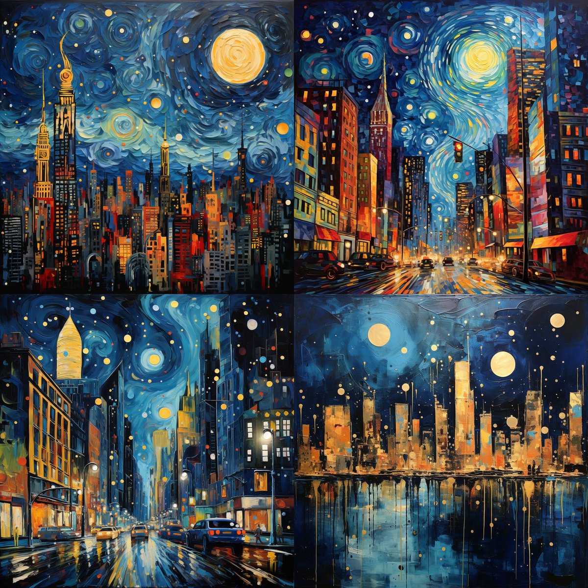 If #Vincent_van_Gogh lived in New York City. #Starry_Night #New_York. What one? I'm between top right and top left. Leaning top right.