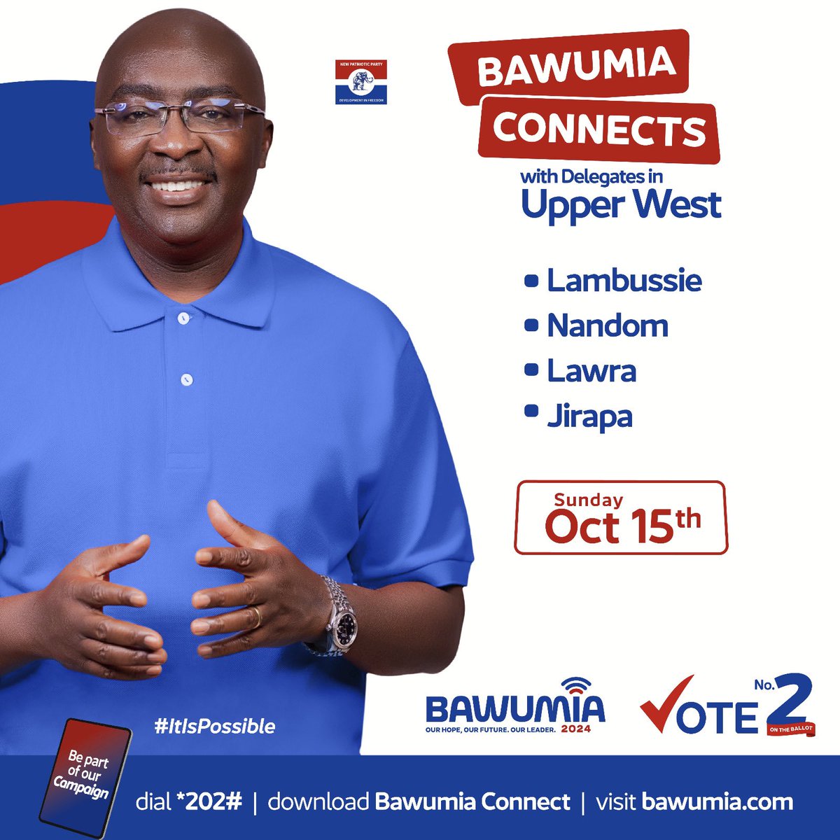 WeAreDMBees's tweet photo. Dr. Bawumia Campaigns in Upper West Region.

Day One: Sunday, 15 October 2023.

Dr. Mahamudu Bawumia connects with Delegates in Lambussie, Nandom, Lawra, and Jirapa Constituencies. 

#Bawumia2024
#ItIsPossible
#Signal https://t.co/PqKywjHuzx