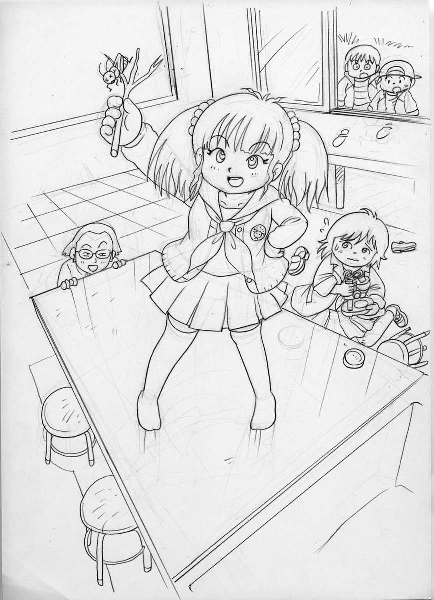 ようやくこの娘が活躍するマンガ描いてます!できるかな…(2枚目はモズのはやにえ版) 