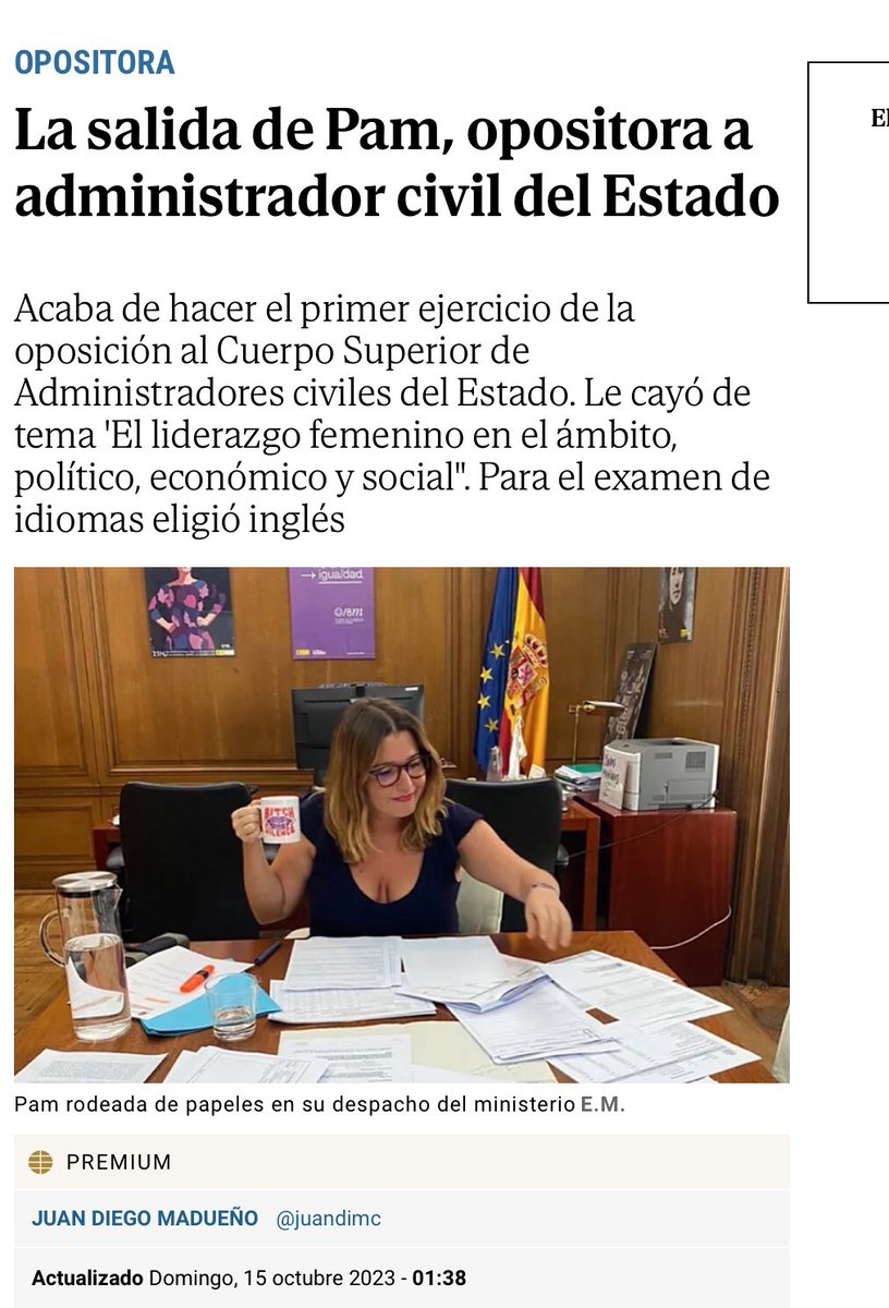 Una oposición de grupo A,élite de la Administración,de 166 temas,con 5 exámenes eliminatorios, requiere 10 horas diarias durante 2-3 años, y aún así vas con 70% de probabilidades de palmar.
¿La sacará estudiando medias horas sueltas en el coche oficial entre acto y performance?