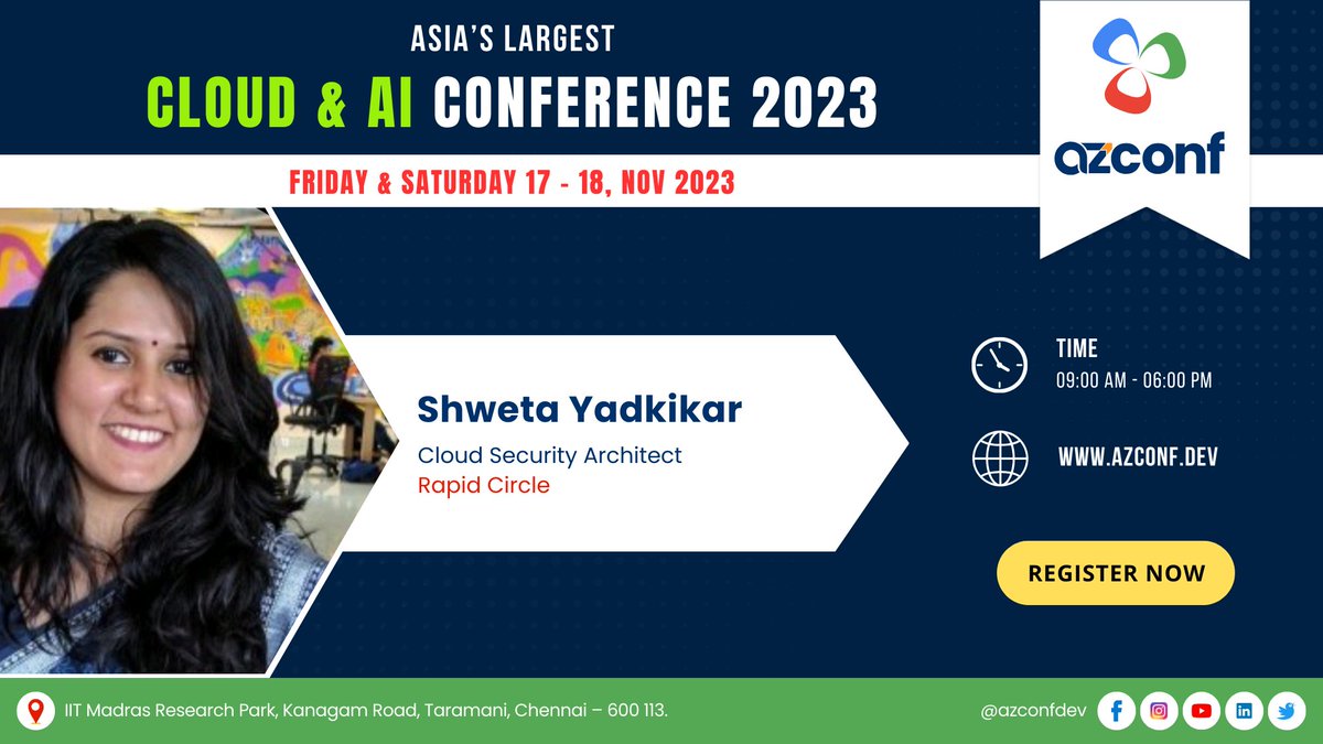 🎤 Speaker Announcement! 🎤

We are excited to announce that <a href="/tweetshweets/">Shweta</a> will be our speaker at AZConf 2023, Asia's Largest Cloud and AI Conference! Join us on November 17-18, 2023, at IIT Madras Research Park in Chennai.

Register Now: azconf.dev

#AZConf2023 #AI