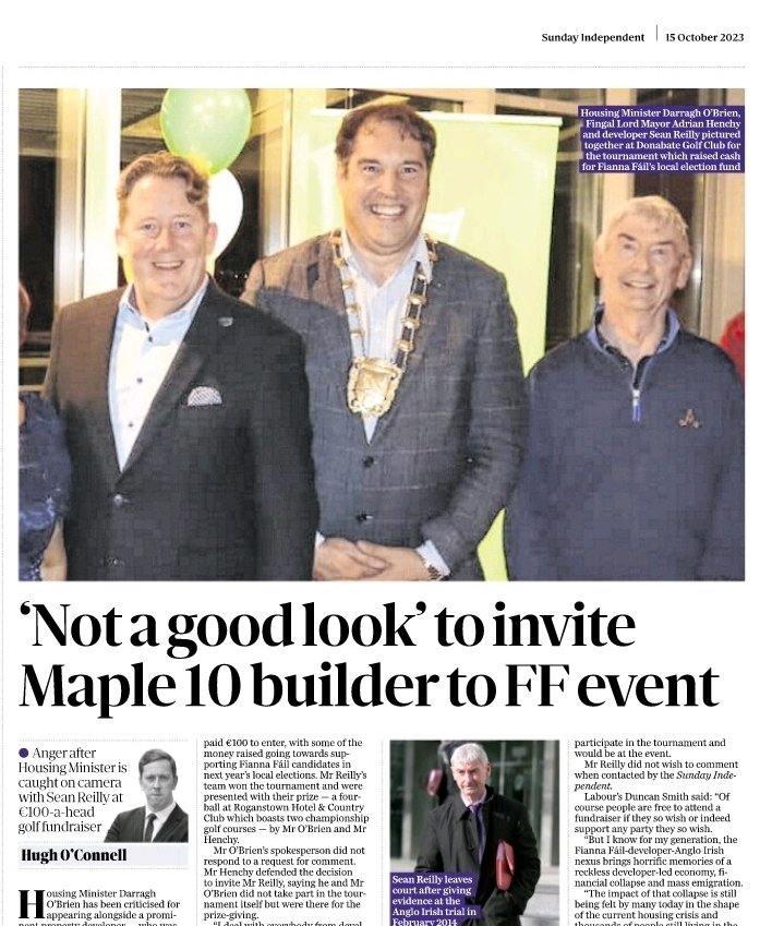 caulmick's tweet photo. ‘Not a good look’: Anger after Housing Minister Darragh O’Brien mixes with Anglo ‘Maple 10’ builder at golf fundraiser for Fianna Fáil

O’Brien and Sean Reilly, one of the so-called #Maple10 of developers who bought shares in Anglo Irish Bank as it teetered on the brink of collapse, were pictured together at a local party golf classic fundraiser in Donabate Golf Club on Friday, October 6.

#HowIrelandWorks 

https://t.co/vmD97lNqf1