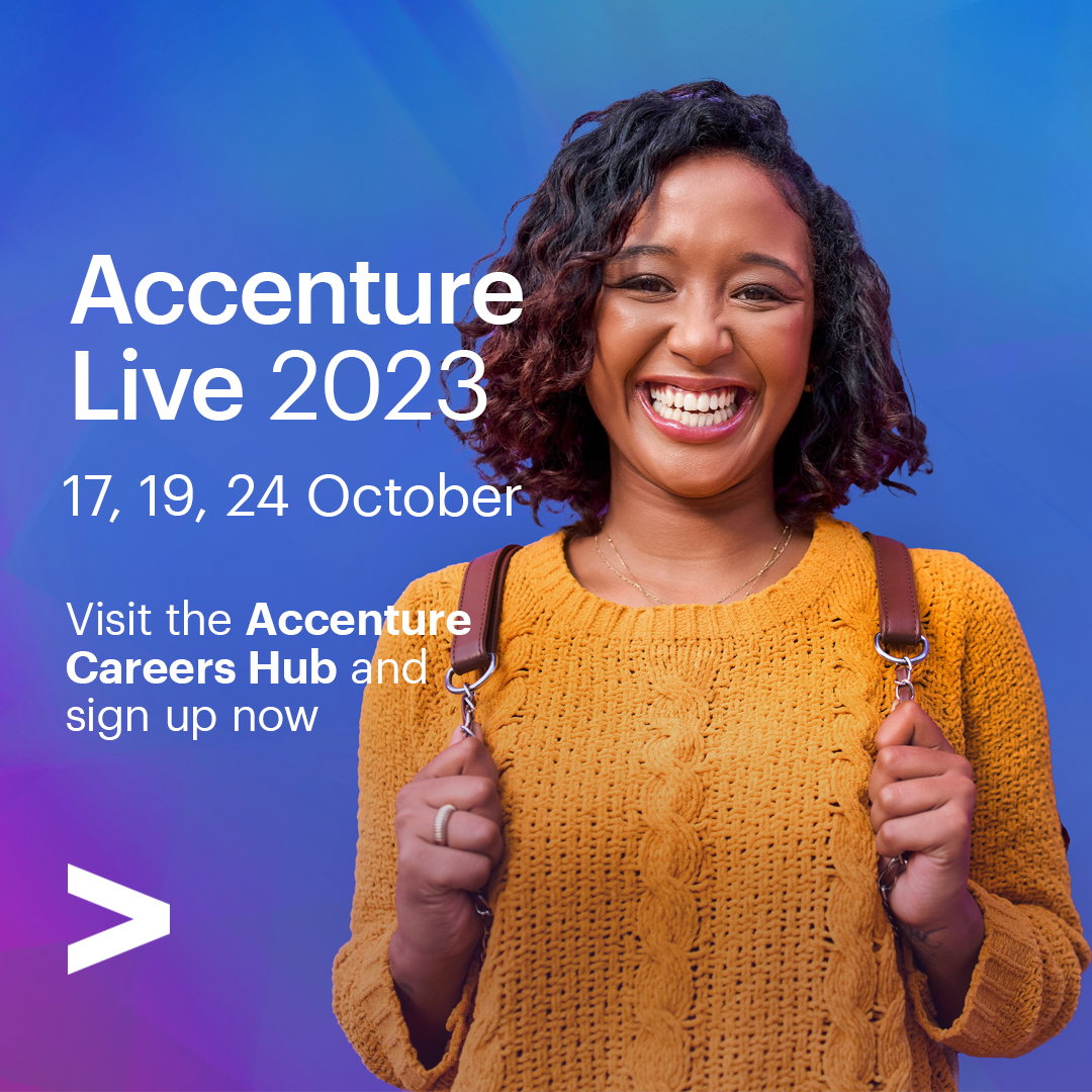 Sign up via the new Accenture Careers Hub. It holds all the information you need to know about Accenture, including access to Accenture Live: taking place on Tuesday 17th, Thursday 19th and Tuesday 24th October ➡️ accntu.re/48E9KHI

#WorkAtTheHeartOfChange #AccentureCareers