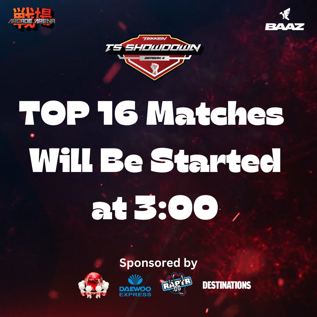 📢 SCHEDULE FOR TOP 16 📢

Here is the schedule for TOP 16 Matches. Be there on time.

Watch us #LIVE on

🔴 YouTube:
youtube.com/@Arcade_Arena_

🟣 Twitch:
twitch.tv/Arcade_Arena_

#JoinTheGame 🏆