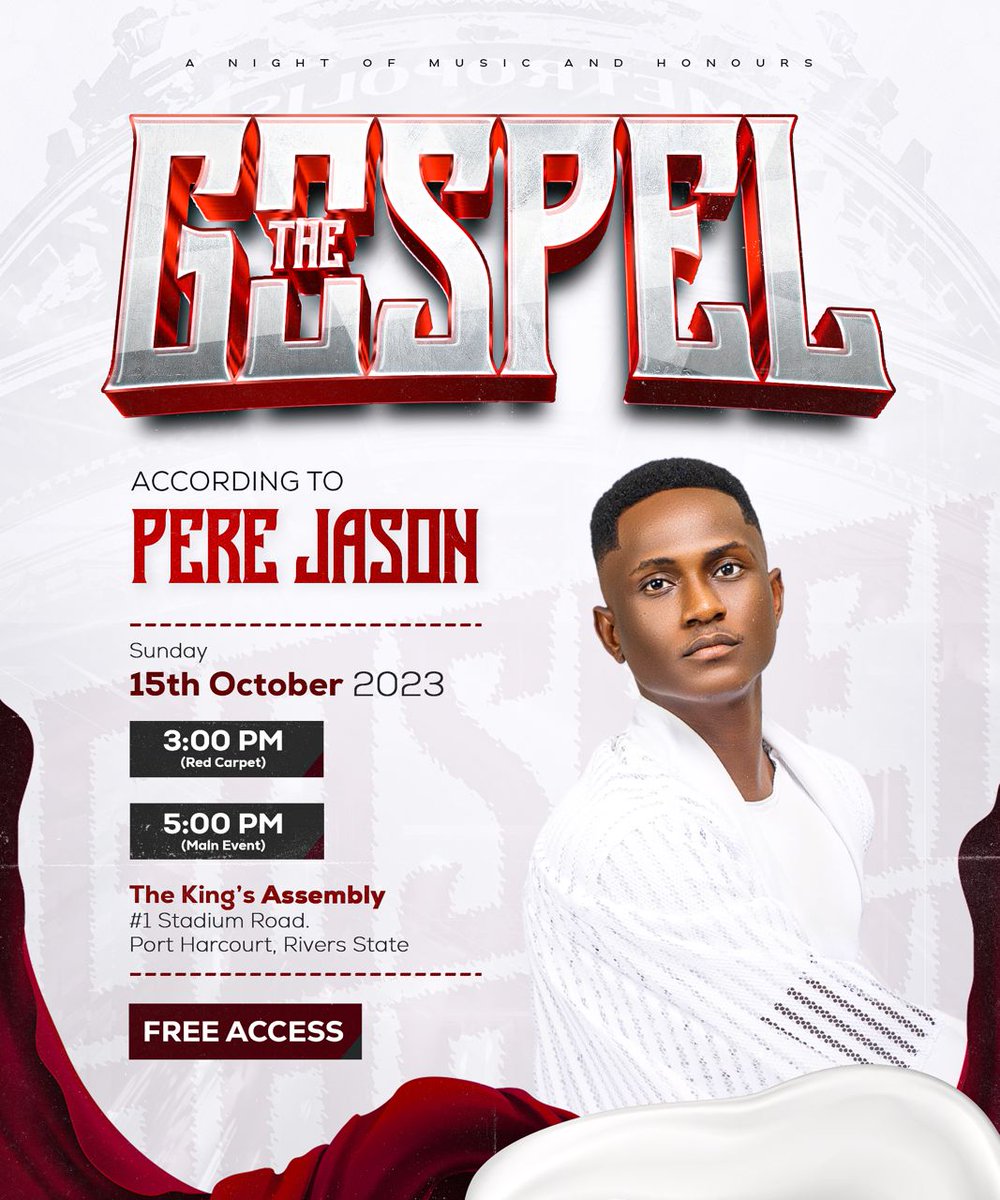 elev8tka's tweet photo. The Gospel according to Pere Jason (GAP) ❤️ Live at the  King’s Assembly,1 Stadium Road, Port Harcourt.
15TH OCTOBER, 2023 (TODAY)
Red Carpet: 3p.m.
Main Event: 5 p.m.
Access is completely FREE
See you Soon!

#perejason #GAP #thekingsassemblyportharcourt https://t.co/kcgWLrgRAq
