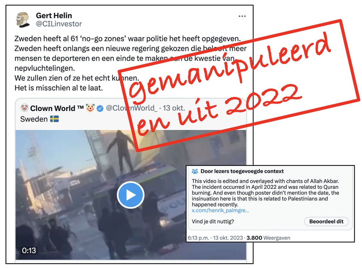 Rellen na Koranverbranding in Örebro (Zweden), 2022, met toegevoegd Allah Akbar-spreekkoor. Hier werken de Community Notes van X beter, al zou ik zelf gemanipuleerde beelden wegmodereren.