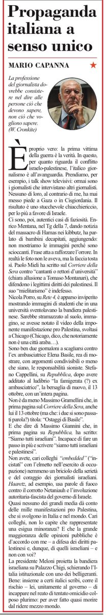 francofontana43's tweet photo. Propaganda italiana a senso unico
Mario Capanna nella sua rubrica settimanale sull’Unità,  passa in rassegna il bestiario dei nostri giornalisti “embedded” con l’elmetto dell’esercito di occupazione.
Nemmeno un briciolo della serietà e del coraggio, ad esempio, dei giornalisti israeliani.
C’è n’è per tutti: da Mentana a Mieli, da Porro a Cappellini, da Gramellini a Giannini.