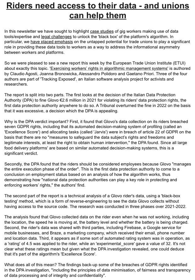 project_gig's tweet photo. The Gig Economy Project weekly newsletter is out!

A new @ETUI_org study finds unions can use cheap &amp; fast analytical tools to help gig workers access key information on their data, without the consent of the platforms.

Get GEP's newsletter in your inbox: https://t.co/GF8A2WaPUi https://t.co/t1ok5NQmeP