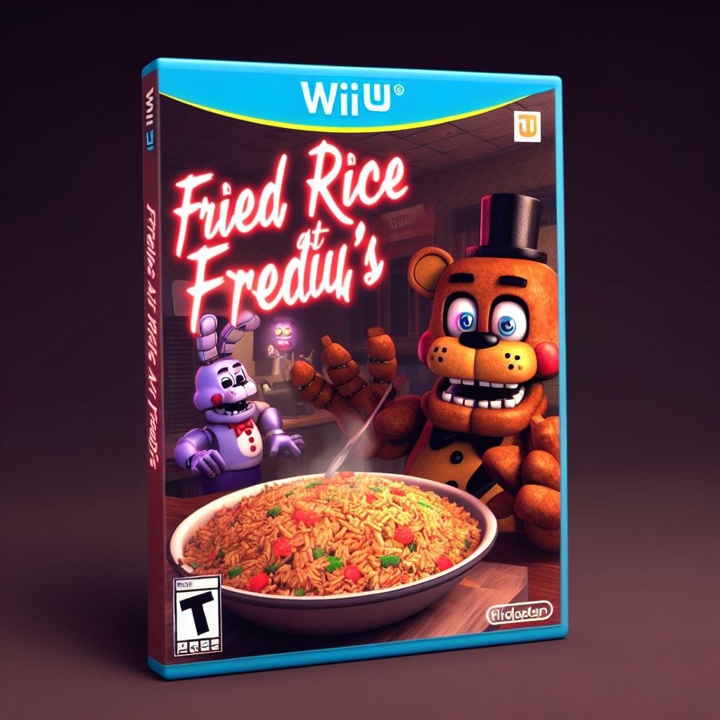 AIGenGames's tweet photo. Game: Fried Rice at Freddy's
Platform: Wii U
Genre: Cooking sim
Release: 2015 https://t.co/AXntrlq6Q6