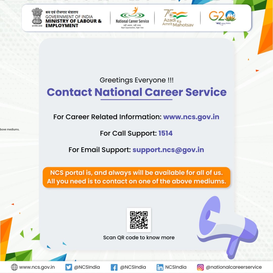 NCSIndia's tweet photo. Please feel free to contact NCS through any of the above-mentioned means and your query will be surely answered. Don't forget to register at https://t.co/FEYImRLzcP 

#NCSIndia #jobseekers #CareerOpportunities #contact #tollfree #emailsupport #1million #industries https://t.co/bPQn8BPFgR