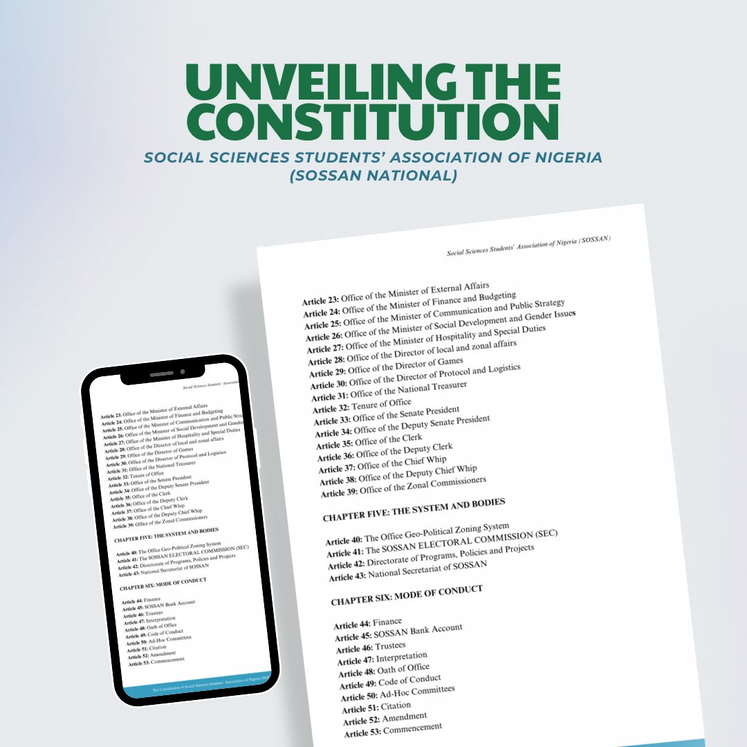 SOSSANNational's tweet photo. Join our National President H.E Sen. Stephen Ogenecaro Ini @IniStephen3 on the 17th of October 2023 at 7pm prompt for the launch of the Social Sciences Students’ Association Of Nigeria Constitution 2023. https://t.co/KH6N9yFQvS
