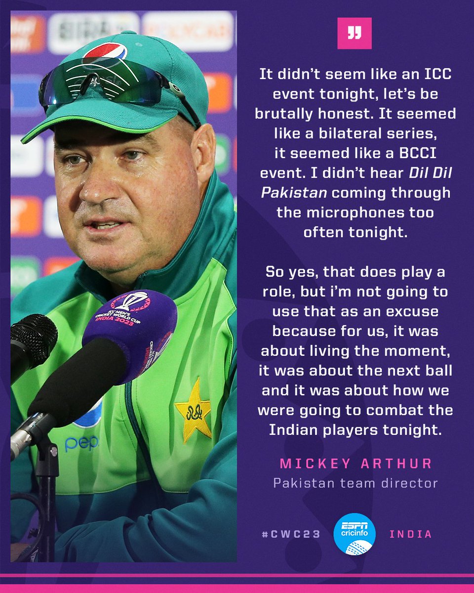 I wondered why Pakistan lost home series vs both Aus and Eng, but thanks to Micky Arthur now I know it was because stadium DJ didn't play 'Dil Dil Pakistan' enough and majority of fans were wearing blue jerseys :) #INDvPAK #CWC2023
