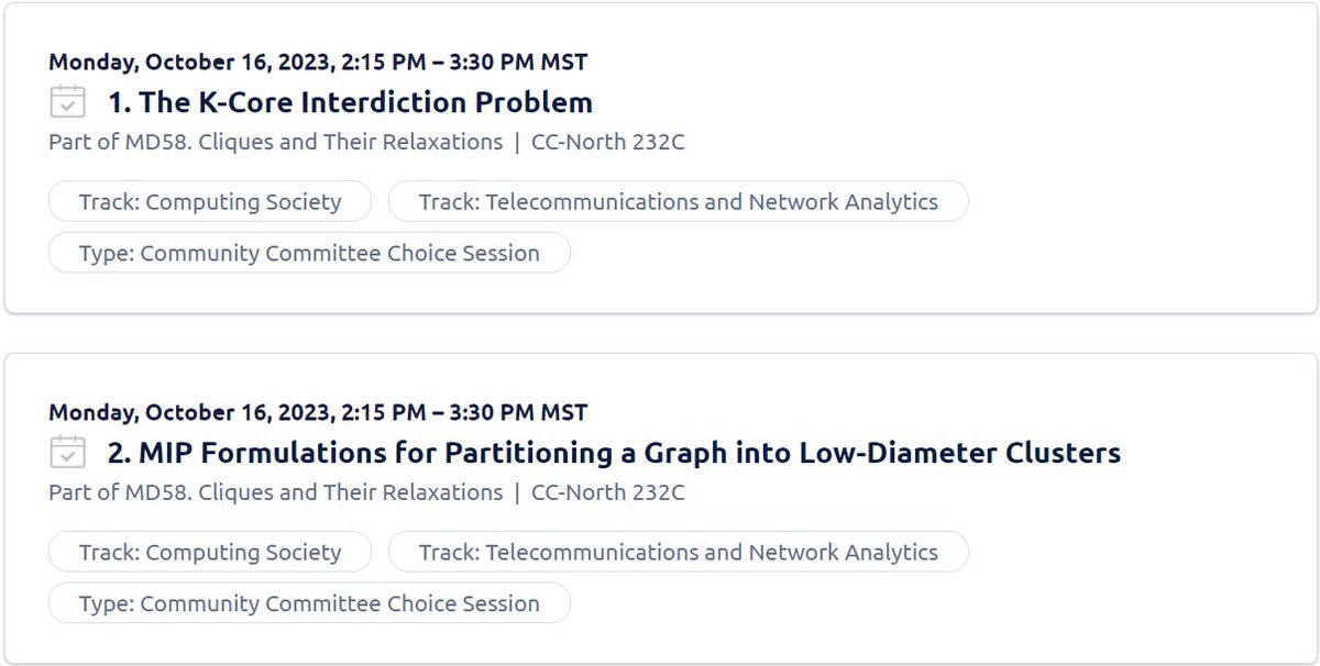 JackZha60493221's tweet photo. Super excited to be back at another INFORMS conference! At the 2023 INFORMS Annual Meeting, I will be presenting the work "Integer programming formulations for partitioning a graph into low-diameter clusters" in the session "Cliques and Their Relaxations." https://t.co/rWV1O7HvS9