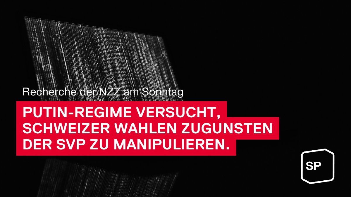 spschweiz's tweet photo. Die @NZZaS-Recherche zeigt, dass das Putin-Regime die Wahlen zugunsten der SVP manipulieren will. Die gezielte Stimmungsmache gegen Ausländer:innen und das Schüren von Hass müssen schnellstmöglich untersucht und unterbunden werden.
👉https://t.co/bIN7duFP5y https://t.co/SLgzGuDnEm