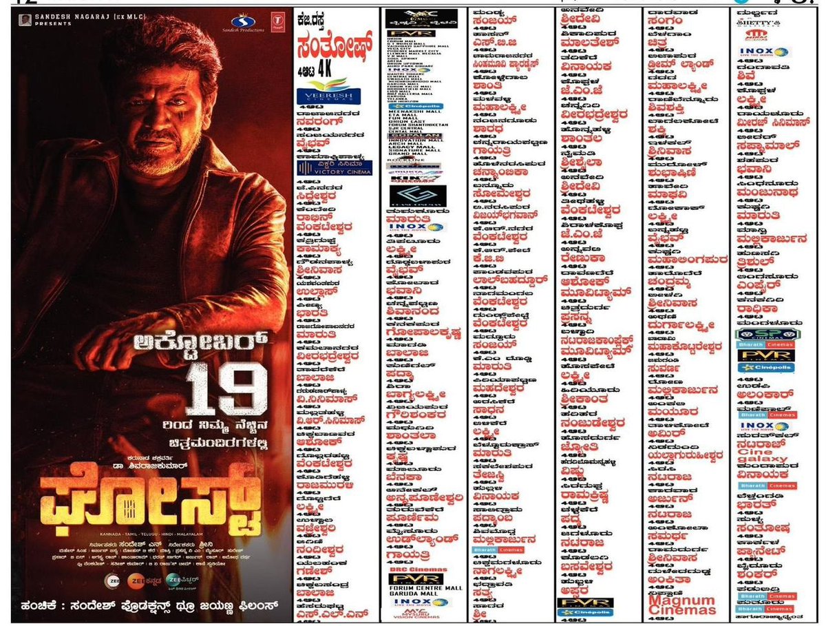 JayannaFilms's tweet photo. The OG is arriving!💥

Here's the  𝐔𝐩𝐝𝐚𝐭𝐞𝐝 𝐓𝐡𝐞𝐚𝐭𝐫𝐞 𝐋𝐢𝐬𝐭 of #Ghost 🔥

Entire Karnataka distribution by @JayannaFilms

#GhostOnOct19 @NimmaShivanna @lordmgsrinivas @SandeshPro @ArjunJanyaMusic @TSeries @PenMovies https://t.co/255EM00BlF