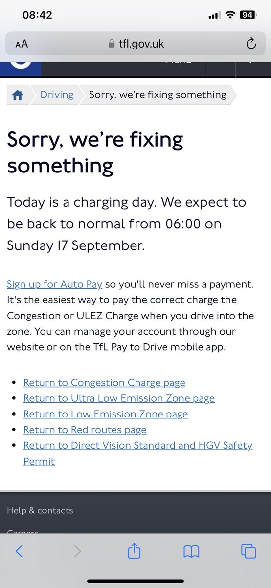 Jeppers13's tweet photo. @TfL hi there. Your website appears to be down and quite out of date. Trying to pay the congestion charge. Can you advise how I do this please? Thanks. https://t.co/xwCjdBIDUE