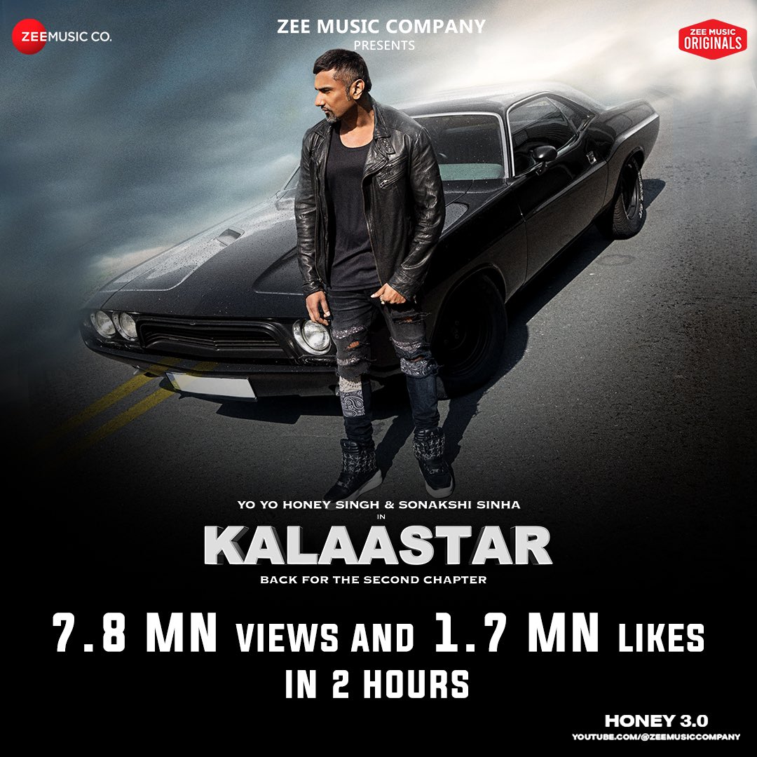 7.8 Million views and 1.7 Million Likes on #YouTube in 2 hours🙌🏻 The second chapter is here 🔥and the story is echoing worldwide 🌍 #Kalaastar ft. #YoYoHoneySingh & #AsliSona from #Honey3.0, tune in now! youtu.be/5oExKMYIE9U #ZeeMusicOriginals @asliyoyo @sonakshisinha