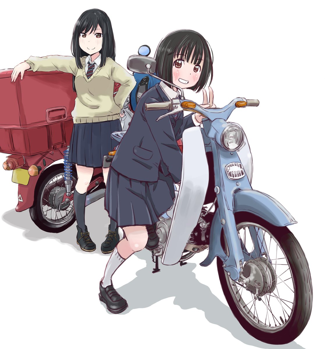 multiple girls 2girls ground vehicle school uniform motor vehicle black hair skirt  illustration images