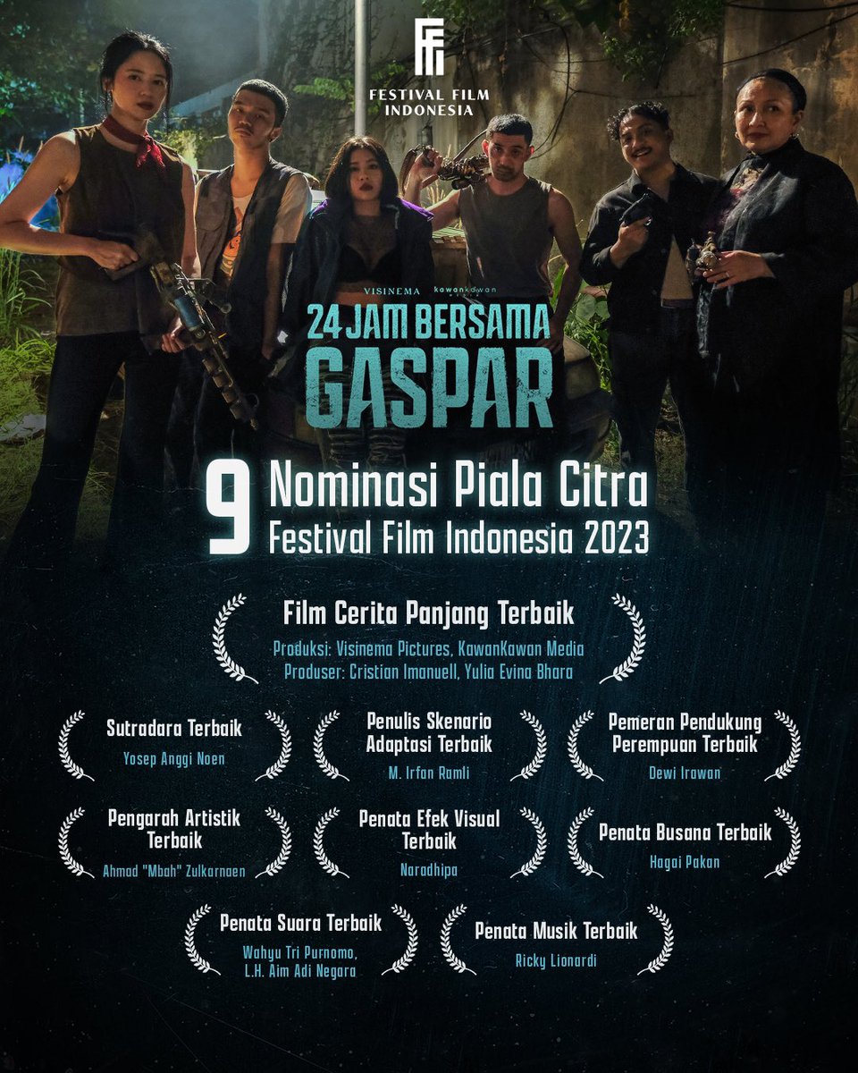 Film 24 Jam Bersama Gaspar mendapatkan 9 nominasi pada 9 kategori di <a href="/festivalfilmid/">Festival Film Indonesia</a> 

Selamat kepada para peraih nominasi! 

#24JamBersamaGasparFilm
#VisinemaPictures
#KawanKawanMedia 
#FestivalFilmIndonesia
